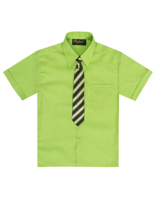 Boys Solid Short Sleeve Dress Shirt With Tie - Lime