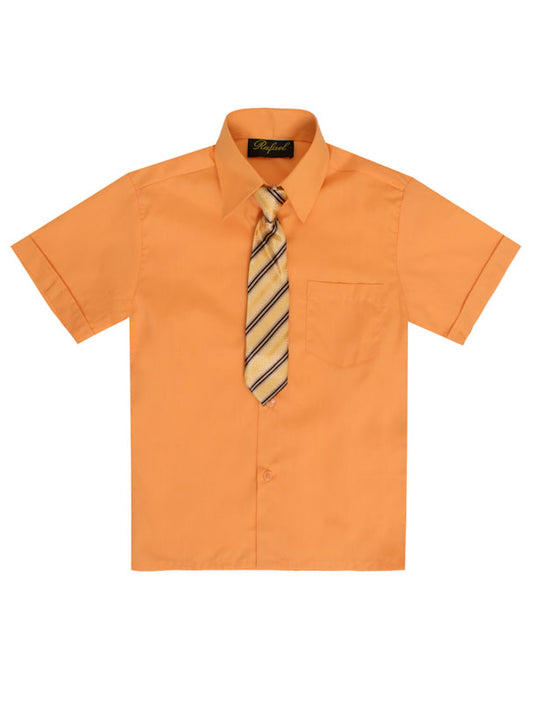 Boys Solid Short Sleeve Dress Shirt With Tie - Pumpkin