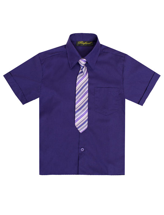 Boys Solid Short Sleeve Dress Shirt With Tie - Purple
