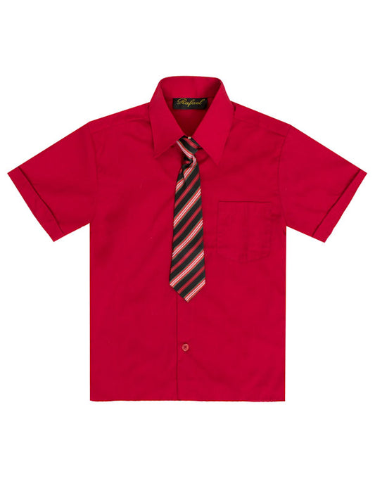 Boys Solid Short Sleeve Dress Shirt With Tie - Red