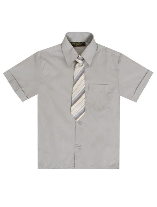 Boys Solid Short Sleeve Dress Shirt With Tie - Silver Gray