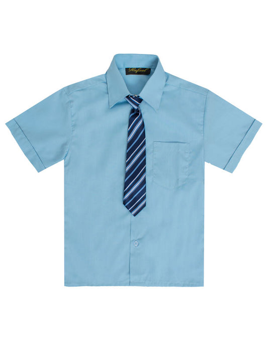 Boys Solid Short Sleeve Dress Shirt With Tie - Sky Blue
