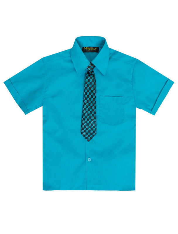 Boys Solid Short Sleeve Dress Shirt With Tie -Turquoise