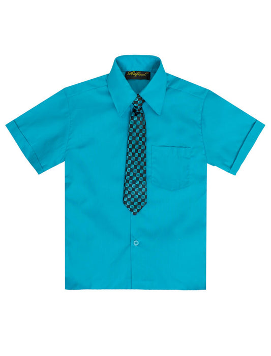 Boys Solid Short Sleeve Dress Shirt With Tie -Turquoise