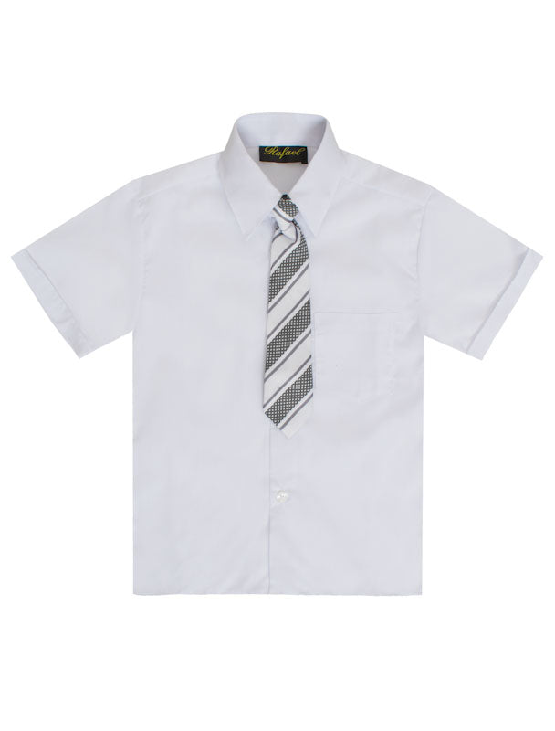 Boys Solid Short Sleeve Dress Shirt With Tie - White