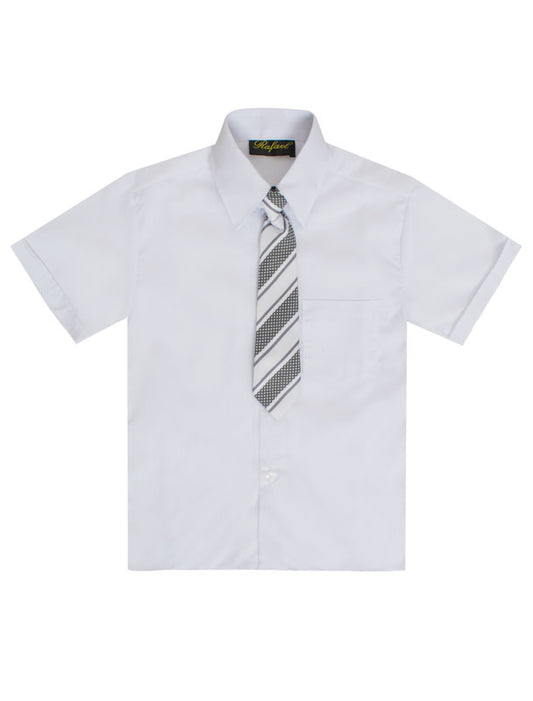 Boys Solid Short Sleeve Dress Shirt With Tie - White