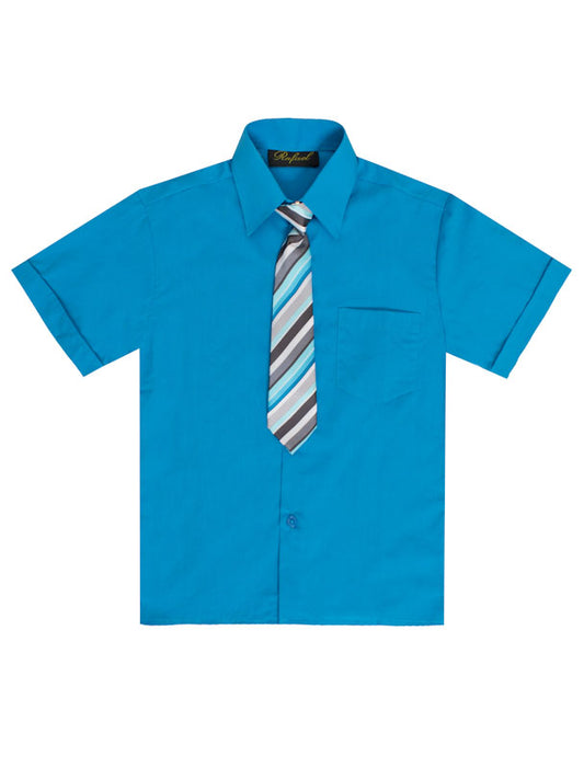 Boys Solid Short Sleeve Dress Shirt With Tie -Vivid Blue