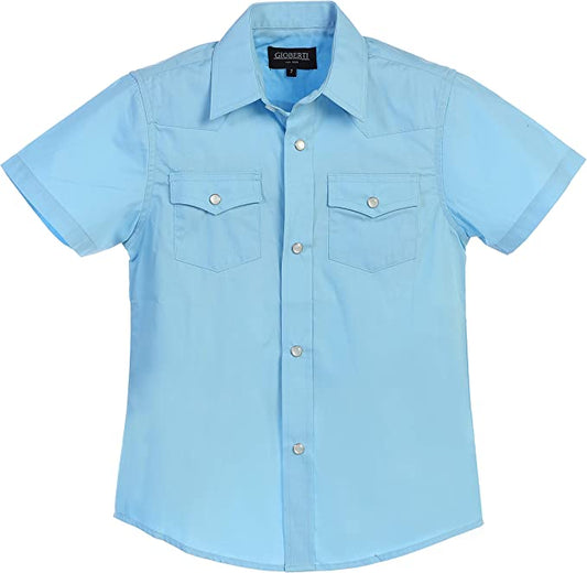 Boy's Solid Short Sleeve Western Shirt - LT- Blue