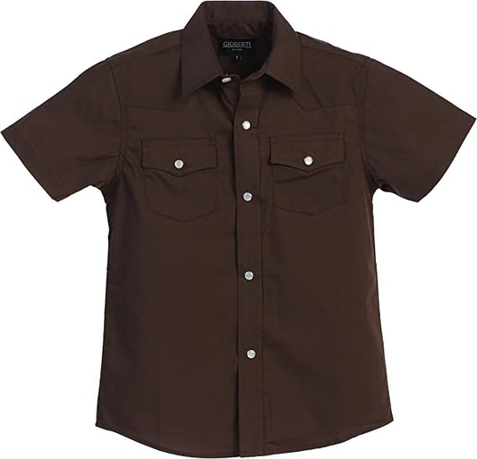 Boy's Solid Short Sleeve Western Shirt - Brown
