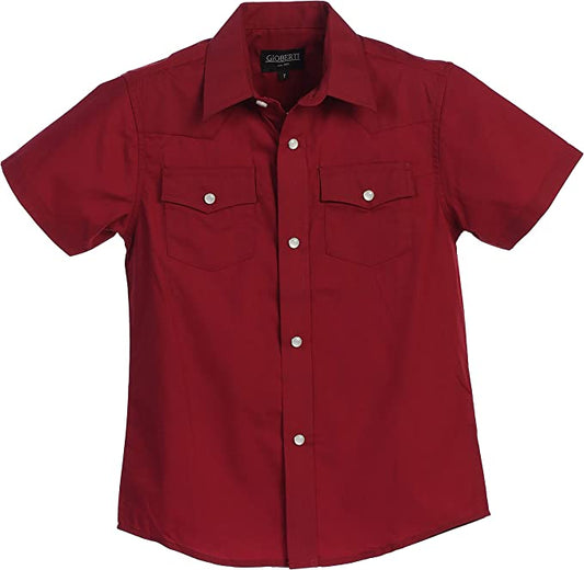 Boy's Solid Short Sleeve Western Shirt - Burgundy