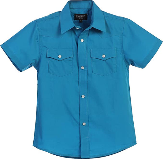 Boy's Solid Short Sleeve Western Shirt - Turquoise