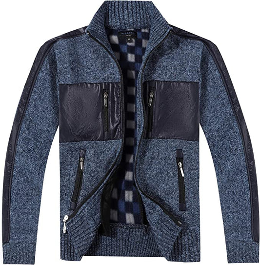 Full Zip Cardigan Patch Design Sweater with Brushed Flannel Lining - Blue