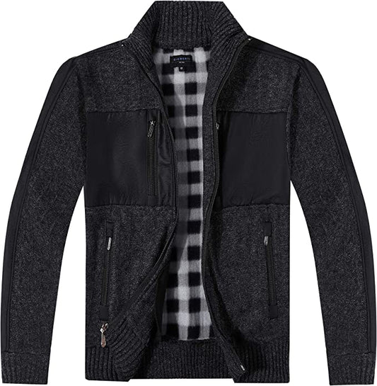 Full Zip Cardigan Patch Design Sweater with Brushed Flannel Lining - Charcoal