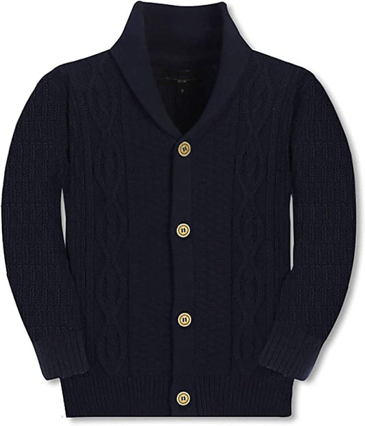 Boys Knitted Shawl Collar Cardigan Sweater %100 Cotton - Navy