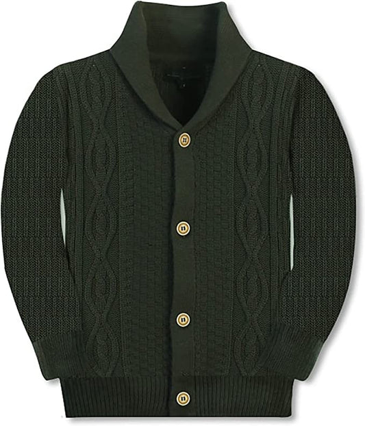Boys Knitted Shawl Collar Cardigan Sweater %100 Cotton - Olive
