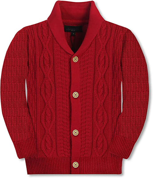 Boys Knitted Shawl Collar Cardigan Sweater %100 Cotton -Red