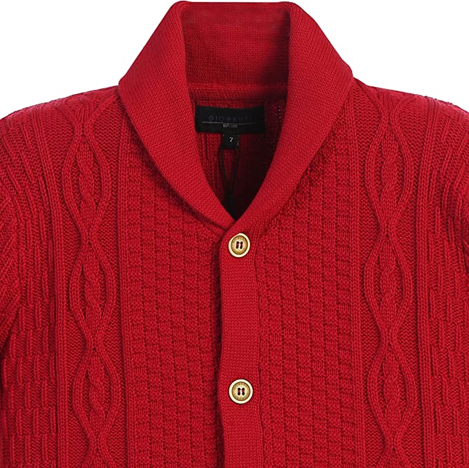 Boys Knitted Shawl Collar Cardigan Sweater %100 Cotton -Red
