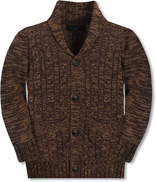 Boy's 100% Cotton Knitted Shawl Collar Cardigan Sweater -Brown
