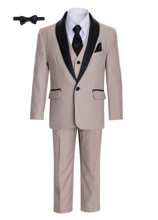 Boys' Shawl Collar Tuxedo Slim Fit Seven Pieces Set -  Khaki