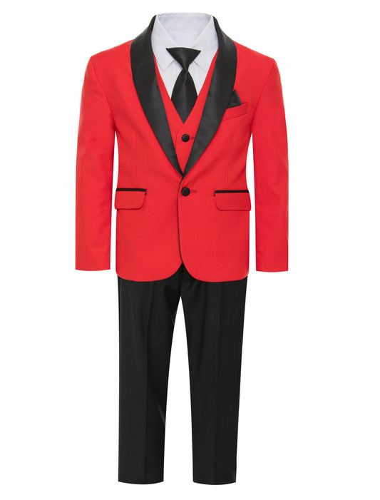 Boys' Shawl Collar Tuxedo Slim Fit Seven Pieces Set -  Red