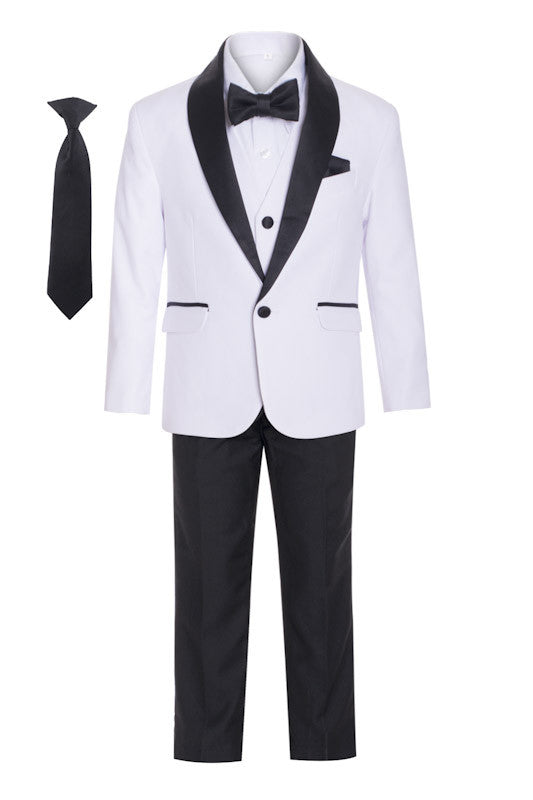 Boys' Shawl Collar Tuxedo Slim Fit Seven Pieces Set - White/ Black