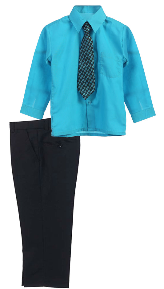 Boys Dress Pants Set With Shirt And Tie -Black Pants / Turquoise  Shirt
