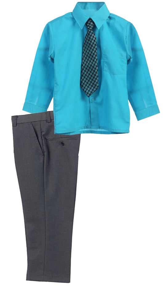 Boys Dress Pants Set With Shirt And Tie -Gray Pants / Turquoise Shirt