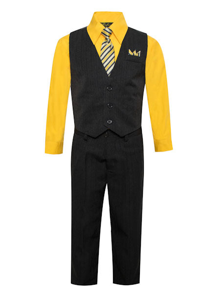 Boys Vest Pants Pinstriped 5 Piece Set With Shirt And Tie - Mustard