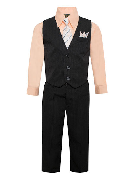 Boys Vest Pants Pinstriped 5 Piece Set With Shirt And Tie - Peach