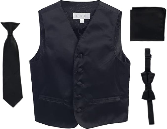 Four Piece Satin Formal Vest Set - Vest, Bow tie, Tie, Pocket Square-Black