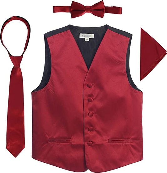 Four Piece Satin Formal Vest Set - Vest, Bow tie, Tie, Pocket Square- Burgundy