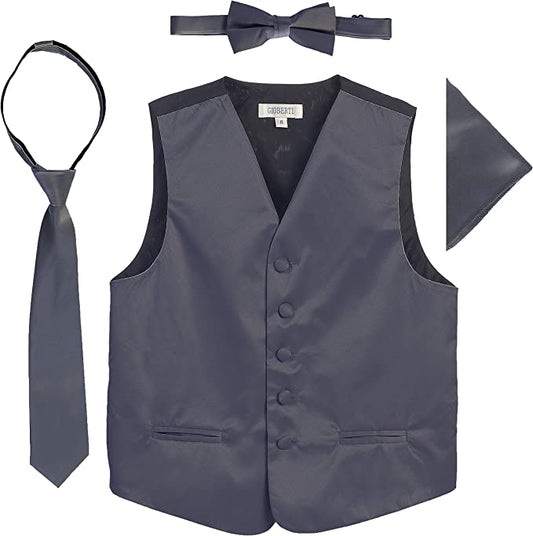 Four Piece Satin Formal Vest Set - Vest, Bow tie, Tie, Pocket Square- Charcoal