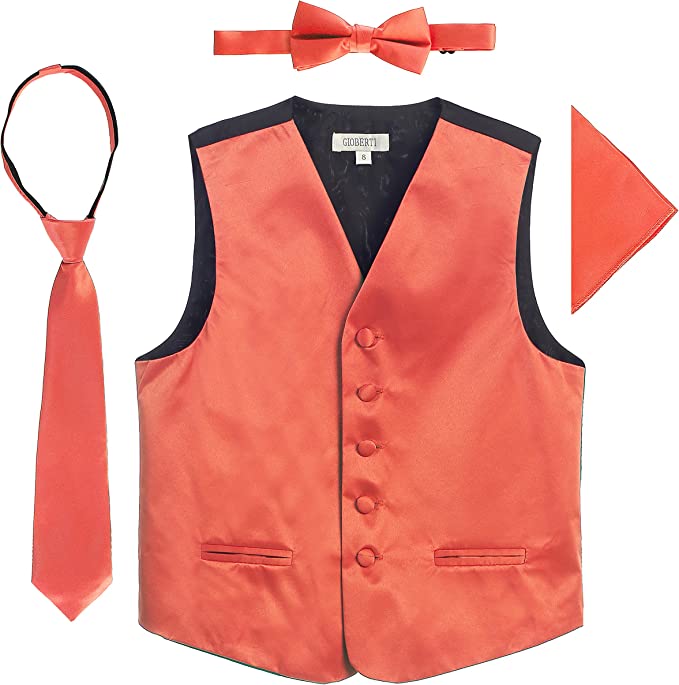 Four Piece Satin Formal Vest Set - Vest, Bow tie, Tie, Pocket Square-Coral