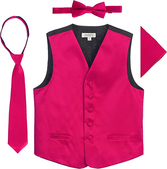 Four Piece Satin Formal Vest Set - Vest, Bow tie, Tie, Pocket Square- Fuchsia