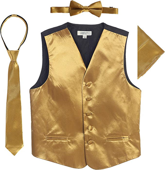 Four Piece Satin Formal Vest Set - Vest, Bow tie, Tie, Pocket Square- Gold