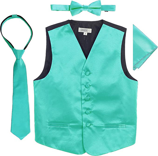 Four Piece Satin Formal Vest Set - Vest, Bow tie, Tie, Pocket Square- Mint