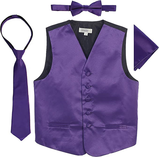 Four Piece Satin Formal Vest Set - Vest, Bow tie, Tie, Pocket Square- Purple