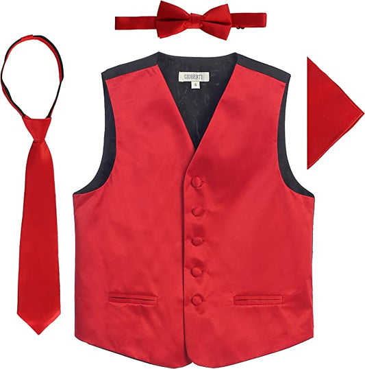 Four Piece Satin Formal Vest Set - Vest, Bow tie, Tie, Pocket Square- Red