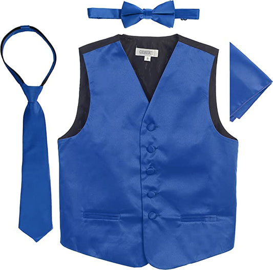 Four Piece Satin Formal Vest Set - Vest, Bow tie, Tie, Pocket Square- Royal Blue