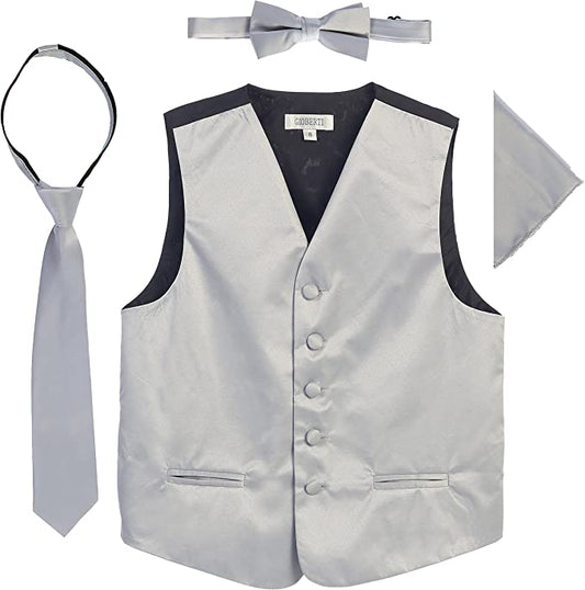 Four Piece Satin Formal Vest Set - Vest, Bow tie, Tie, Pocket Square- Silver