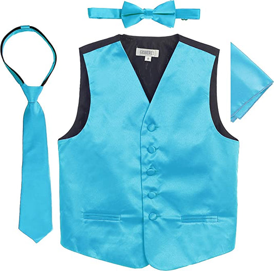 Four Piece Satin Formal Vest Set - Vest, Bow tie, Tie, Pocket Square- Turquoise