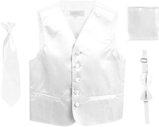 Four Piece Satin Formal Vest Set - Vest, Bow tie, Tie, Pocket Square- White