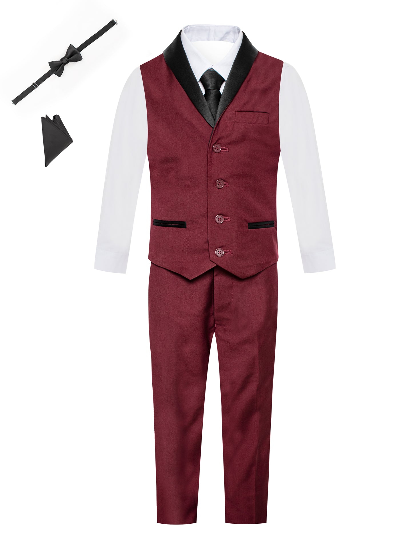 Boys Tuxedo Vest 6 Piece Set: Satin Shawl Lapel Buttoned Vest, Dress Shirt, Pants, Tie, Bowtie, Pocket Square