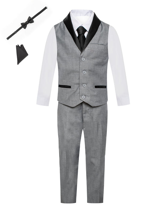 Boys Tuxedo Vest 6 Piece Set: Satin Shawl Lapel Buttoned Vest, Dress Shirt, Pants, Tie, Bowtie, Pocket Square