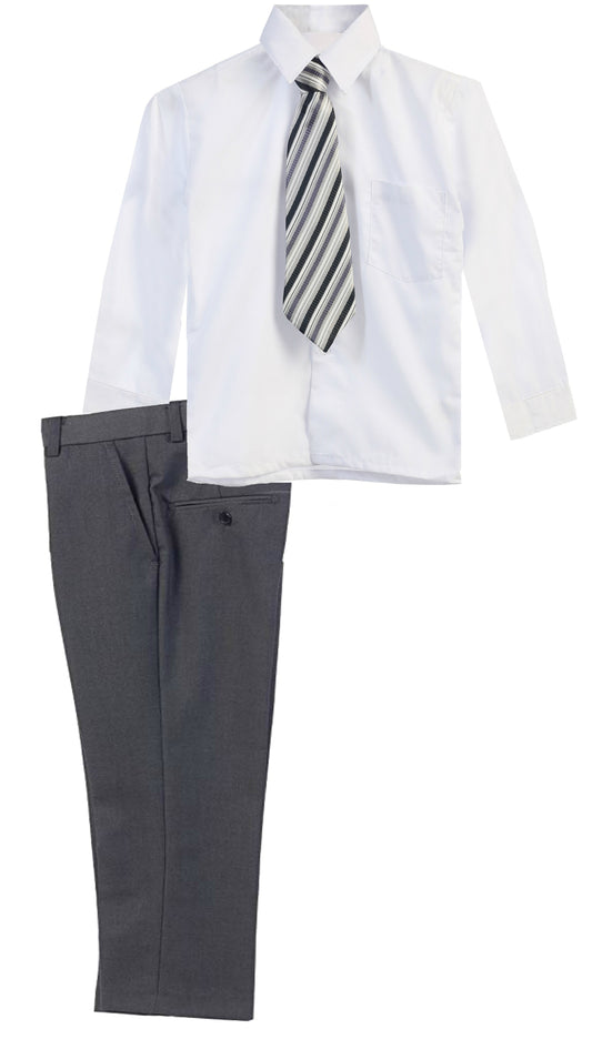 Boys Dress Pants Set With Shirt And Tie -Gray Pants / White Shirt