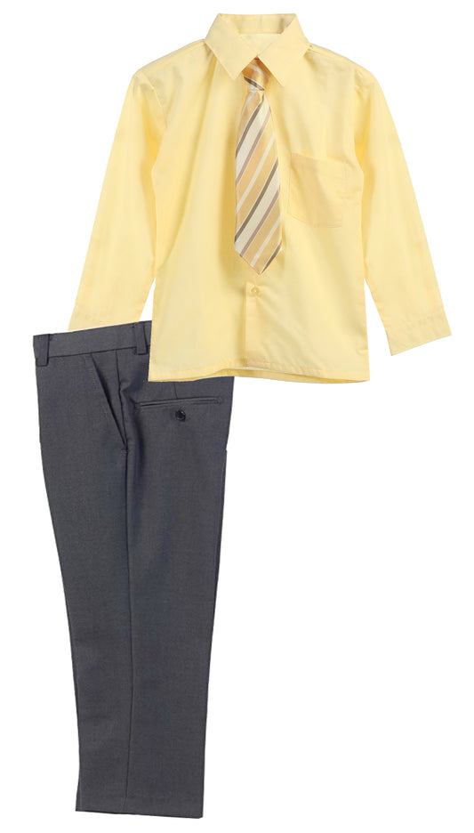 Boys Dress Pants Set With Shirt And Tie -Gray Pants / Yellow Shirt