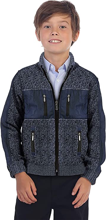 Full Zip Cardigan Patch Design Sweater with Brushed Flannel Lining - Blue