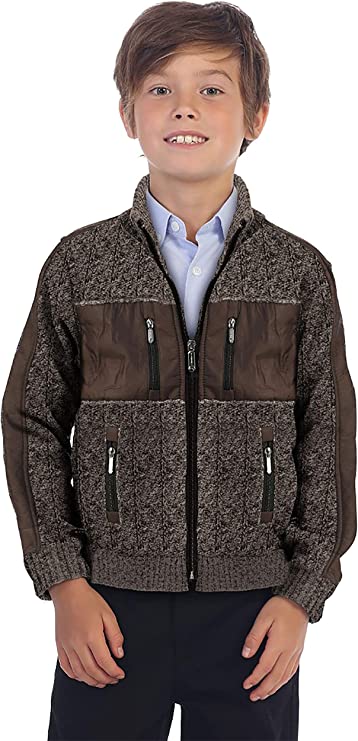 Full Zip Cardigan Patch Design Sweater with Brushed Flannel Lining -Coffee